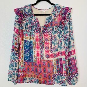 Stella + Ginger Boho Peasant Top Womens Large Multicolor Patchwork Floral Hippie